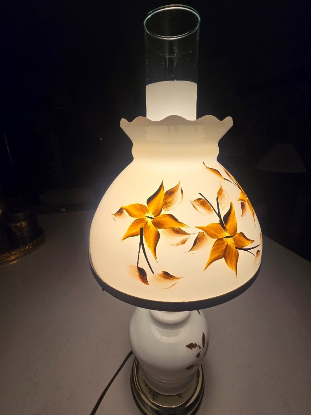 Vintage Milk Glass Hurricane Lamp with Hand-Painted Yellow & Brown Flowers